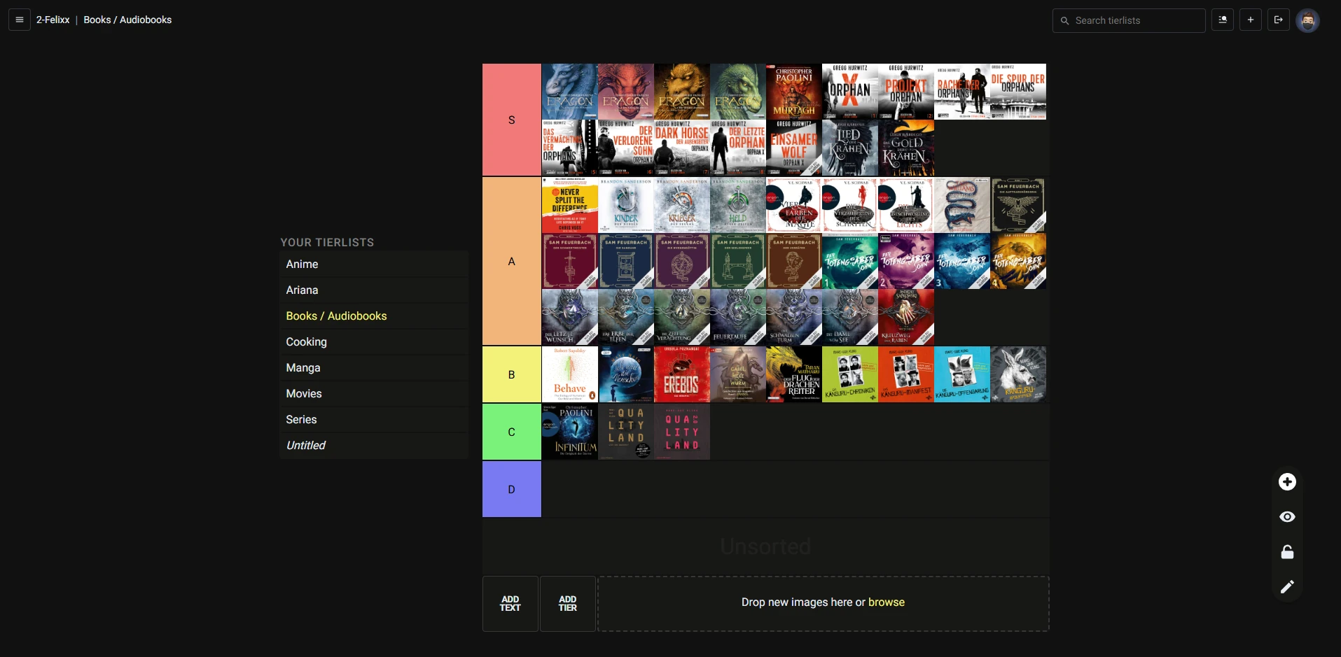 Tierlist.app showing a Books / Audiobooks tier list, with book and audiobook covers ranked across the S, A, B, C and D tiers